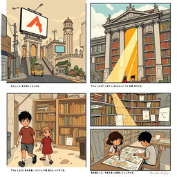 A captivating storyboard for 'The Last Library on Earth', illustrating key scenes from a poignant narrative about a future devoid of physical books