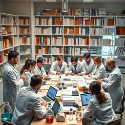 An abstract representation of scientific research in a journal, featuring a well-organized laboratory setting with various scientific equipment such as beakers, microscopes, and petri dishes