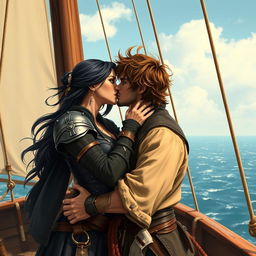 A realistic art scene featuring a fantasy character couple passionately kissing aboard a pirate ship