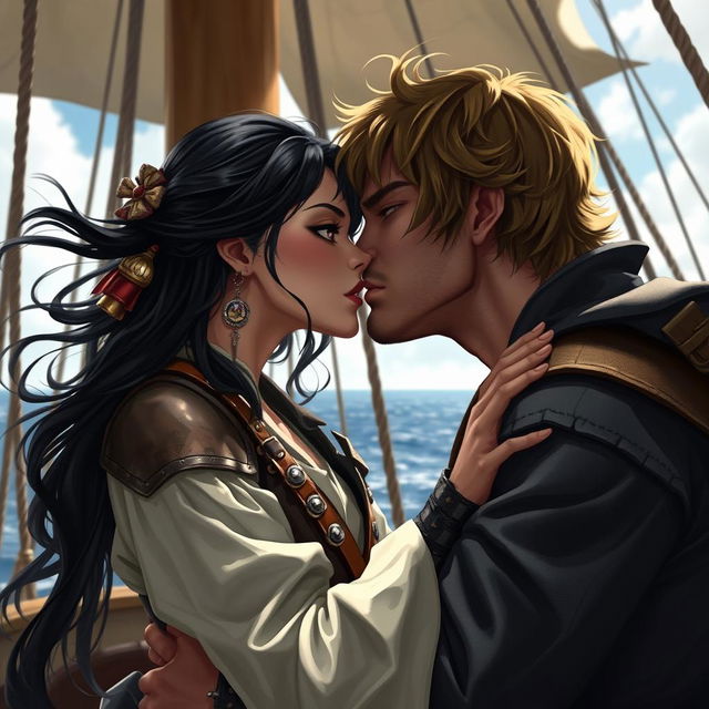 A realistic art scene featuring a fantasy character couple passionately kissing aboard a pirate ship