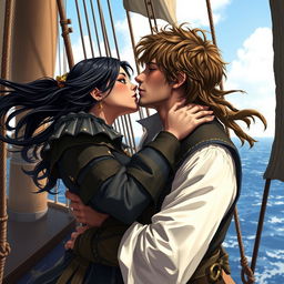 A realistic art scene featuring a fantasy character couple passionately kissing aboard a pirate ship