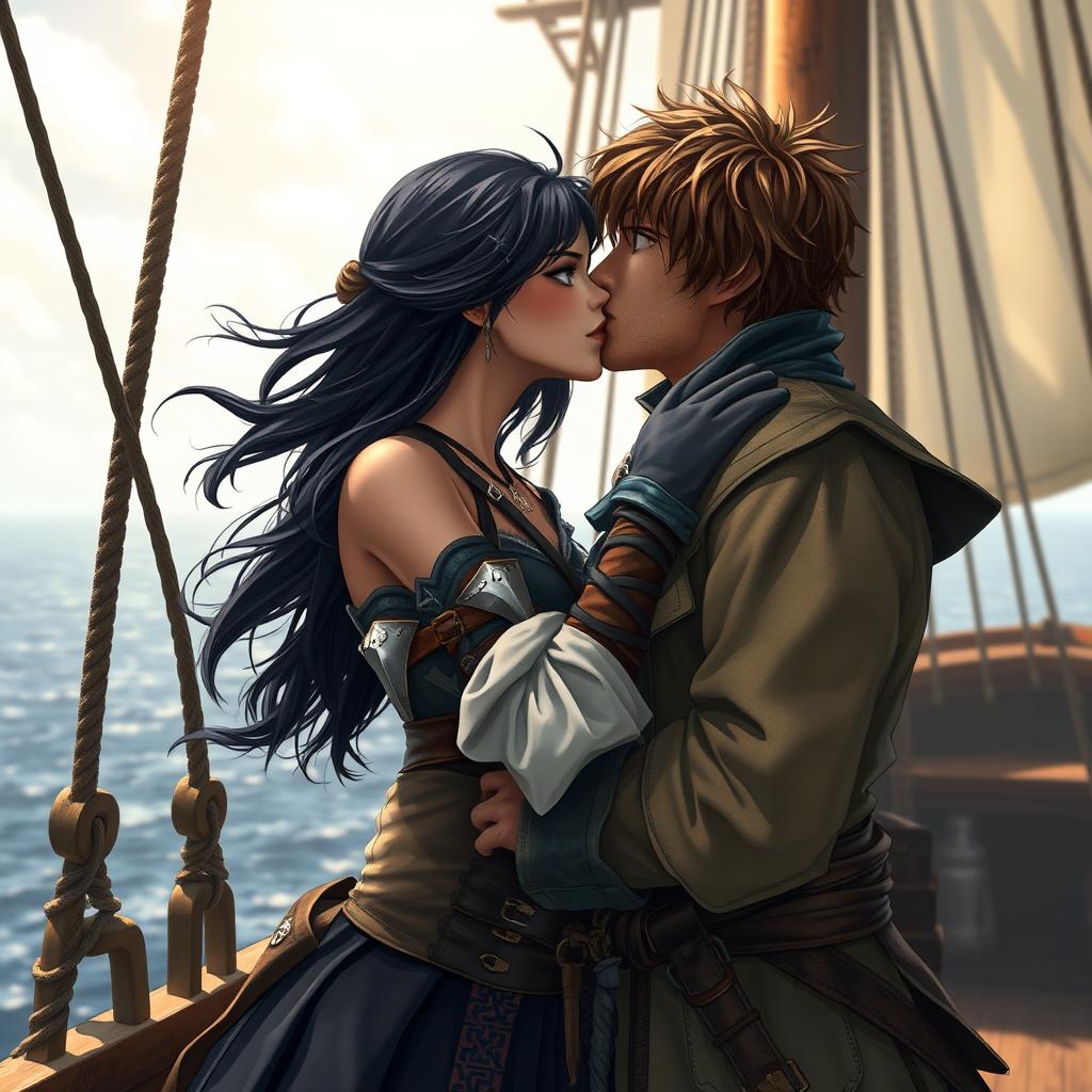 A realistic art scene featuring a fantasy character couple passionately kissing aboard a pirate ship