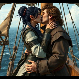 A realistic art scene featuring a fantasy character couple sharing a passionate kiss aboard a pirate ship