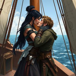 A realistic art scene featuring a fantasy character couple sharing a passionate kiss aboard a pirate ship