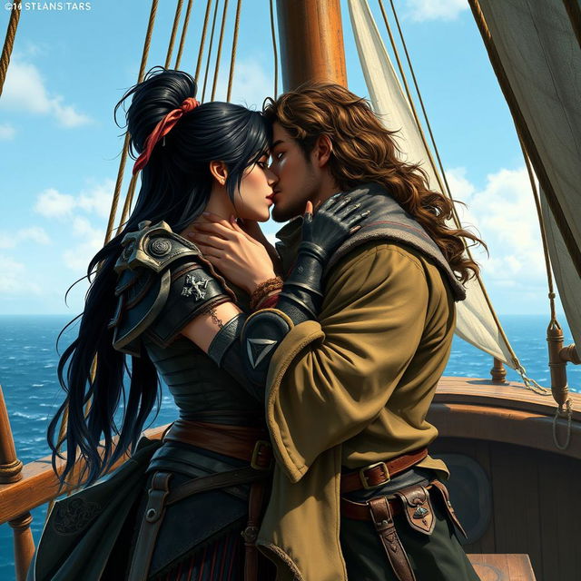 A realistic art scene featuring a fantasy character couple sharing a passionate kiss aboard a pirate ship