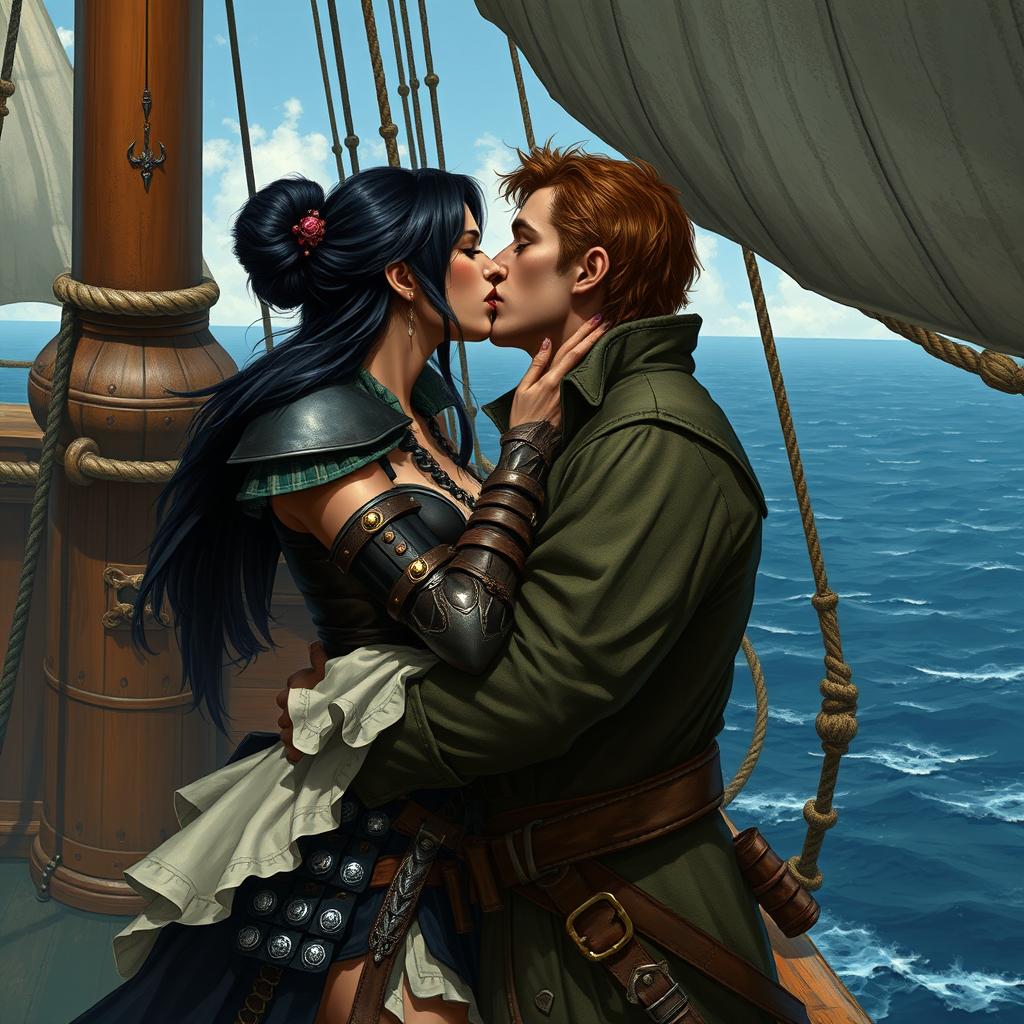 A realistic art scene featuring a fantasy character couple sharing a passionate kiss aboard a pirate ship