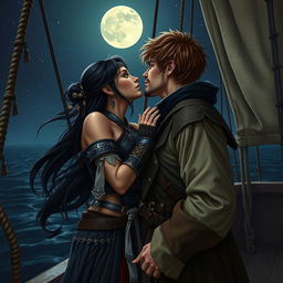 A realistic art scene depicting a fantasy character couple sharing a passionate kiss aboard a pirate ship at night