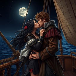A realistic art scene depicting a fantasy character couple sharing a passionate kiss aboard a pirate ship at night