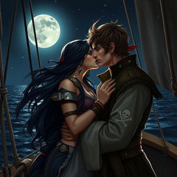 A realistic art scene depicting a fantasy character couple sharing a passionate kiss aboard a pirate ship at night