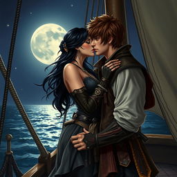 A realistic art scene depicting a fantasy character couple sharing a passionate kiss aboard a pirate ship at night