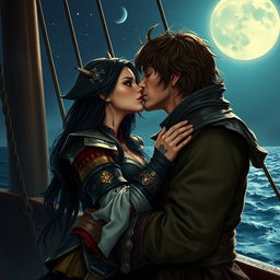 A realistic art piece of a fantasy character couple engaged in a passionate kiss aboard a pirate ship at night