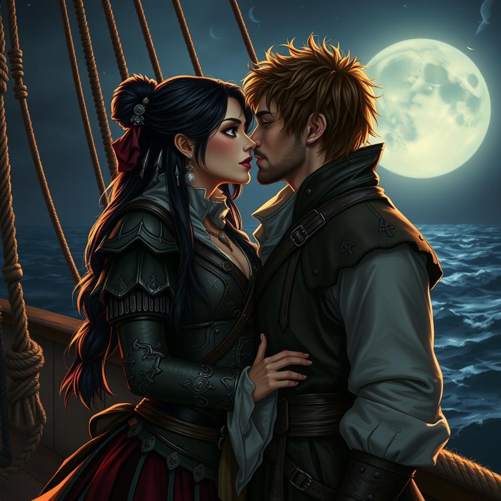 A realistic art piece of a fantasy character couple engaged in a passionate kiss aboard a pirate ship at night