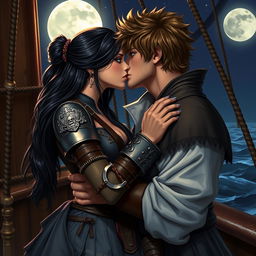 A realistic art piece of a fantasy character couple engaged in a passionate kiss aboard a pirate ship at night