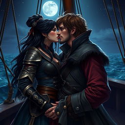 A realistic art piece of a fantasy character couple engaged in a passionate kiss aboard a pirate ship at night