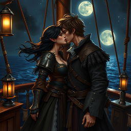 A realistic art scene depicting a fantasy character couple engaged in a passionate kiss aboard a pirate ship at night