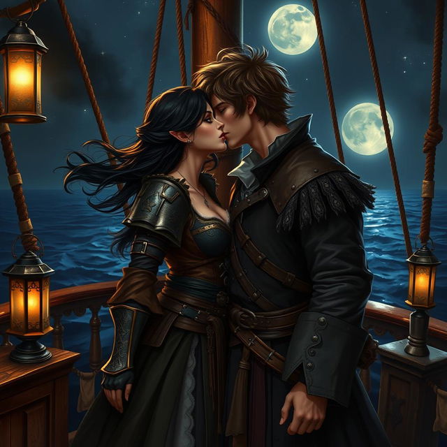 A realistic art scene depicting a fantasy character couple engaged in a passionate kiss aboard a pirate ship at night