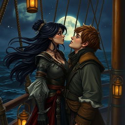 A realistic art scene depicting a fantasy character couple engaged in a passionate kiss aboard a pirate ship at night
