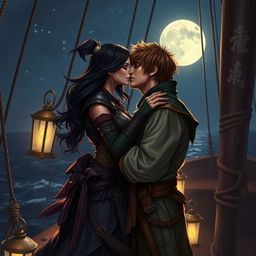 A realistic art scene depicting a fantasy character couple engaged in a passionate kiss aboard a pirate ship at night