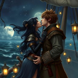A realistic art scene depicting a fantasy character couple engaged in a passionate kiss aboard a pirate ship at night