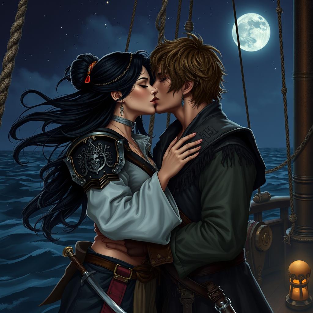 A realistic art scene of a fantasy character couple engaged in a passionate kiss aboard a pirate ship at night