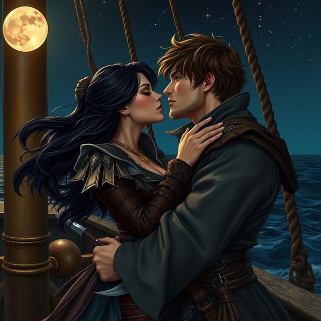 A realistic art scene of a fantasy character couple engaged in a passionate kiss aboard a pirate ship at night