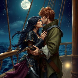 A realistic art scene of a fantasy character couple engaged in a passionate kiss aboard a pirate ship at night