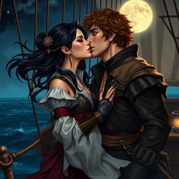 A realistic art scene of a fantasy character couple engaged in a passionate kiss aboard a pirate ship at night