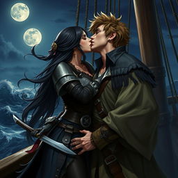 A realistic art scene of a fantasy character couple passionately kissing aboard a pirate ship at night