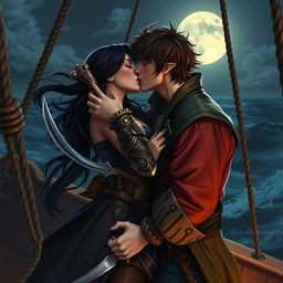 A realistic art scene of a fantasy character couple passionately kissing aboard a pirate ship at night