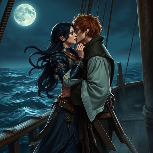 A realistic art scene of a fantasy character couple passionately kissing aboard a pirate ship at night