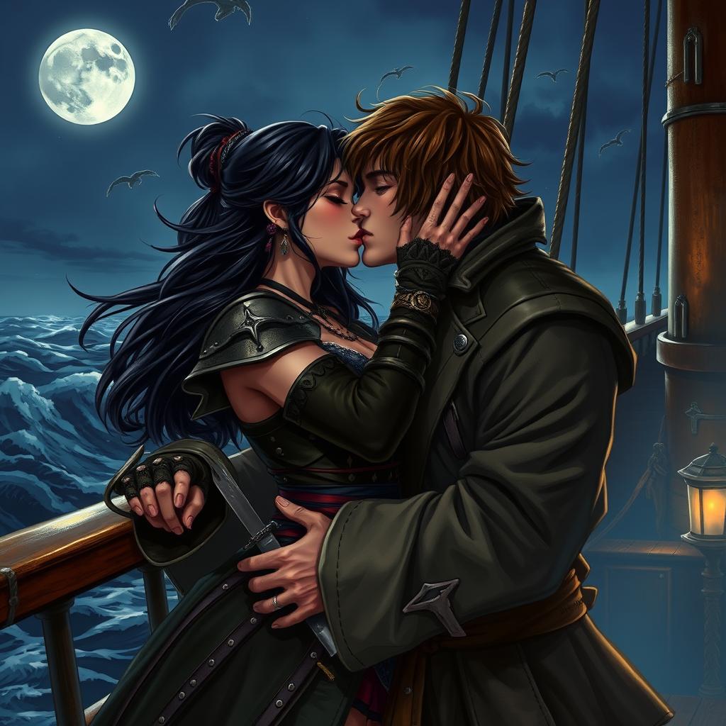 A realistic art scene of a fantasy character couple passionately kissing aboard a pirate ship at night