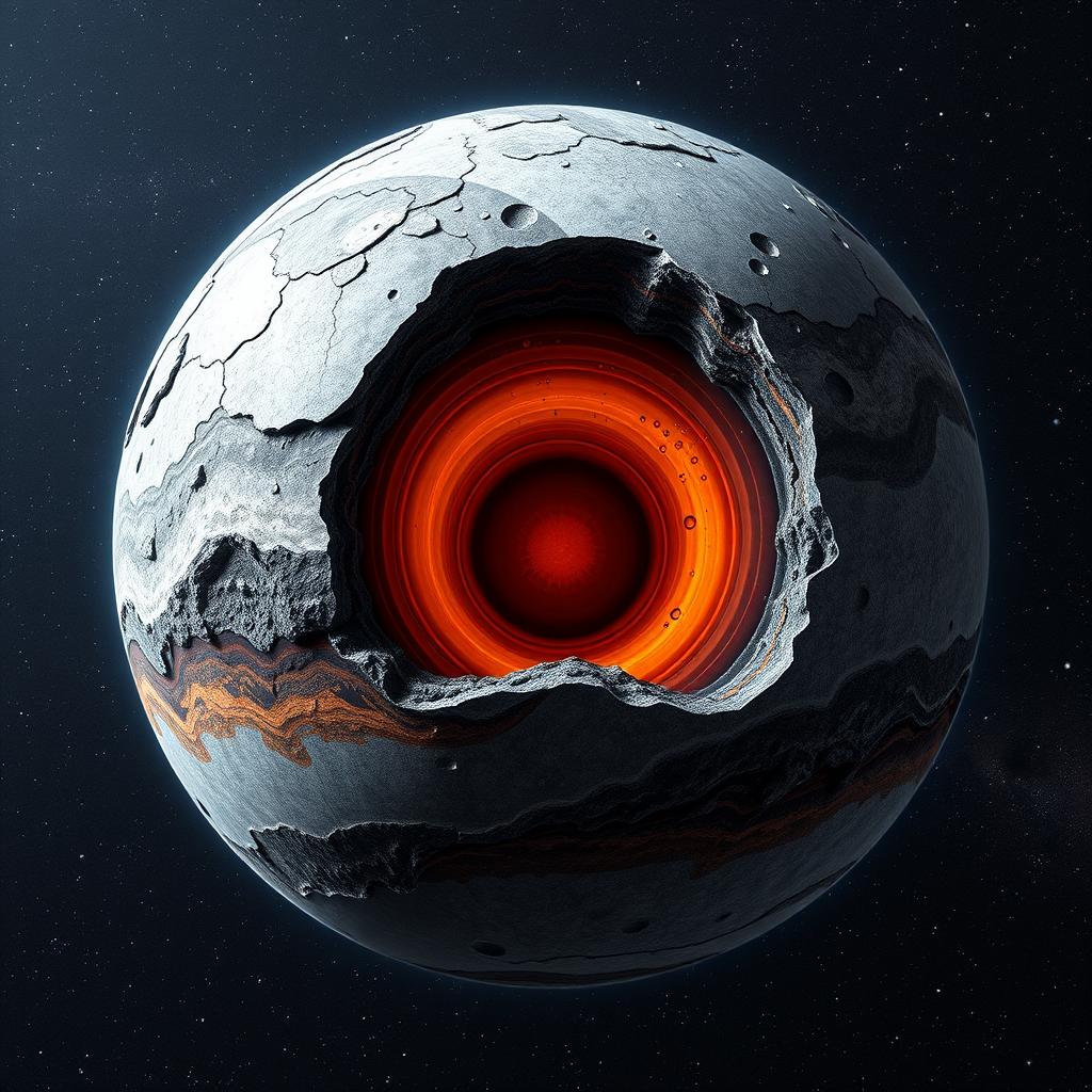 A visually striking representation of a fictional planet's lithosphere, showcasing its unique composition: 45% Iron (Fe), 15% Aluminum (Al), 25% Silicon (Si), and 15% Carbon (C)