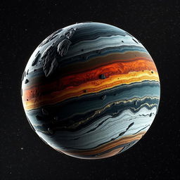 A visually striking representation of a fictional planet's lithosphere, showcasing its unique composition: 45% Iron (Fe), 15% Aluminum (Al), 25% Silicon (Si), and 15% Carbon (C)