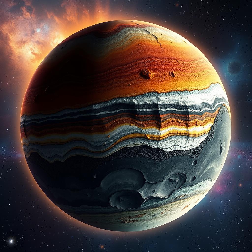 A visual representation of a planet with a creative geological structure based on specific elemental compositions