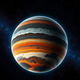 A visual representation of a planet with a creative geological structure based on specific elemental compositions
