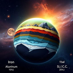 A visual representation of a planet with a creative geological structure based on specific elemental compositions