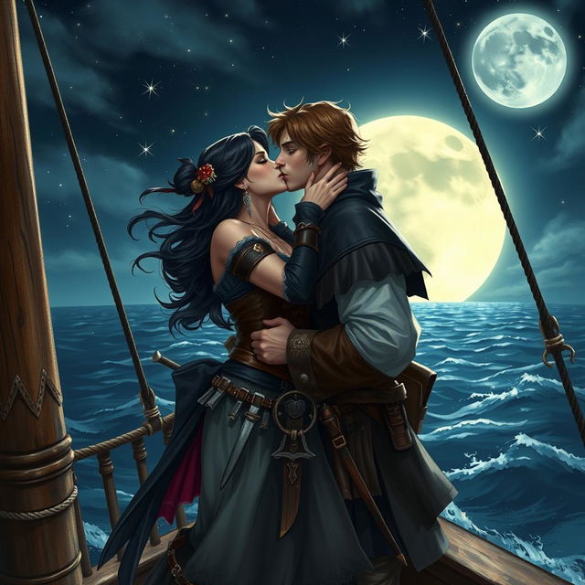 A realistic art depiction of a fantasy character couple passionately kissing aboard a pirate ship under the night sky