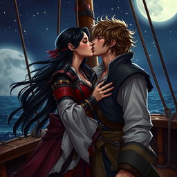 A realistic art depiction of a fantasy character couple passionately kissing aboard a pirate ship under the night sky