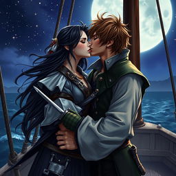 A realistic art depiction of a fantasy character couple passionately kissing aboard a pirate ship under the night sky