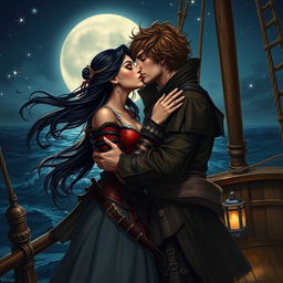 A realistic art depiction of a fantasy character couple passionately kissing aboard a pirate ship under the night sky