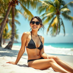 A stunning Asian woman in a sexy black bikini lounging on a sun-drenched beach
