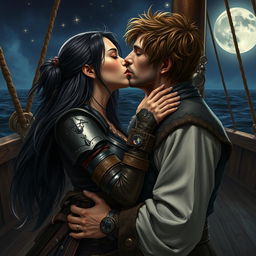 A realistic art piece featuring a fantasy character couple kissing passionately aboard a pirate ship at night