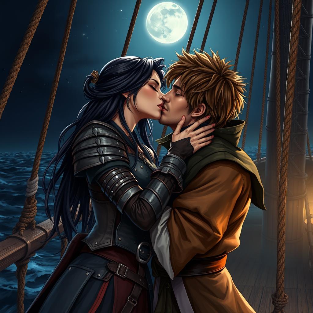 A realistic art piece featuring a fantasy character couple kissing passionately aboard a pirate ship at night