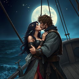 A realistic art piece featuring a fantasy character couple kissing passionately aboard a pirate ship at night