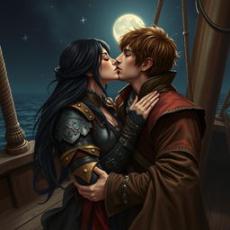 A realistic art piece featuring a fantasy character couple kissing passionately aboard a pirate ship at night