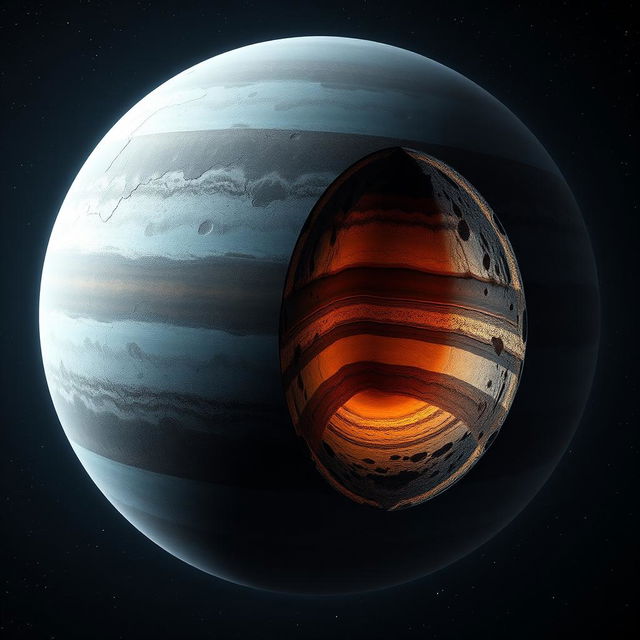 A visually stunning representation of a planet with a lithosphere based on the following structure: 45% Iron (Fe), 15% Aluminum (Al), 25% Silicon (Si), and 15% Carbon (C)