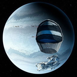 A visually stunning representation of a planet with a lithosphere based on the following structure: 45% Iron (Fe), 15% Aluminum (Al), 25% Silicon (Si), and 15% Carbon (C)