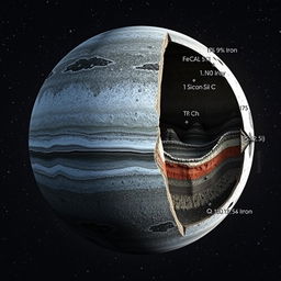 A visually stunning representation of a planet with a lithosphere based on the following structure: 45% Iron (Fe), 15% Aluminum (Al), 25% Silicon (Si), and 15% Carbon (C)