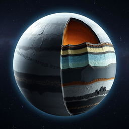 A visually stunning representation of a planet with a lithosphere based on the following structure: 45% Iron (Fe), 15% Aluminum (Al), 25% Silicon (Si), and 15% Carbon (C)