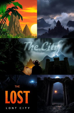 Three distinct book covers for an adventure and mystery novel titled "The Lost City"